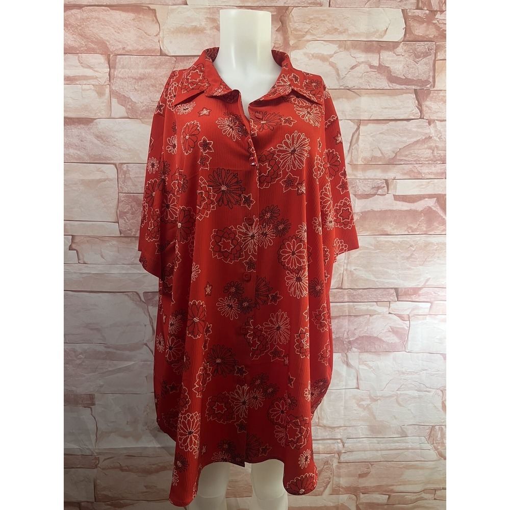 Maggie Barnes Shirt Red Floral Short Slv Plus‎ Sz 24W
